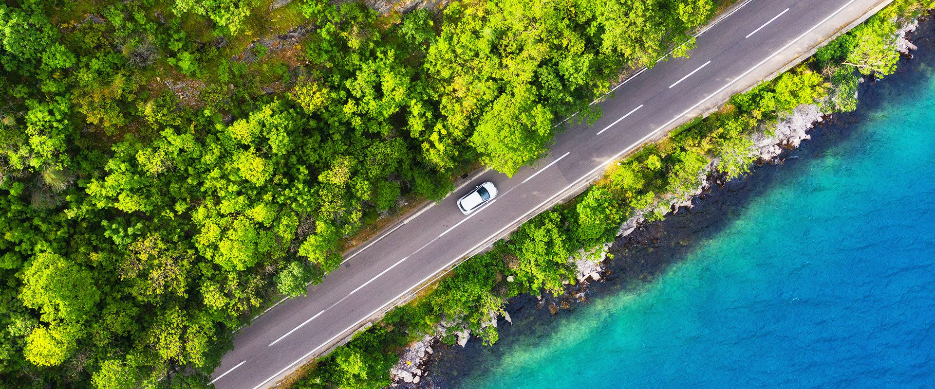 Birds eye view aerial image of a white car driving along road beside lake or sea to the right and green forest to the left.