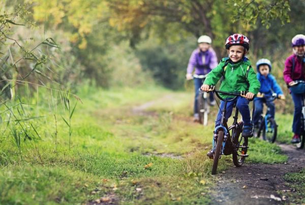 Family cycling through some woods