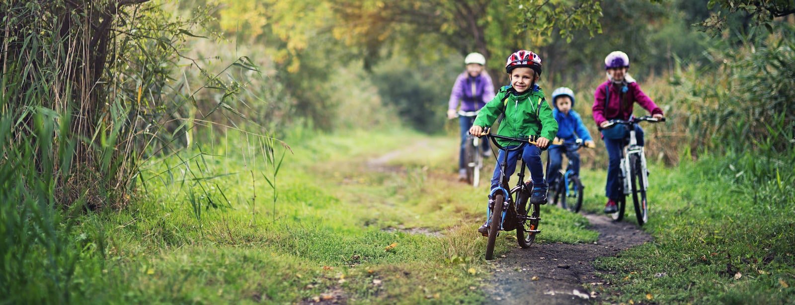 Family cycling through some woods