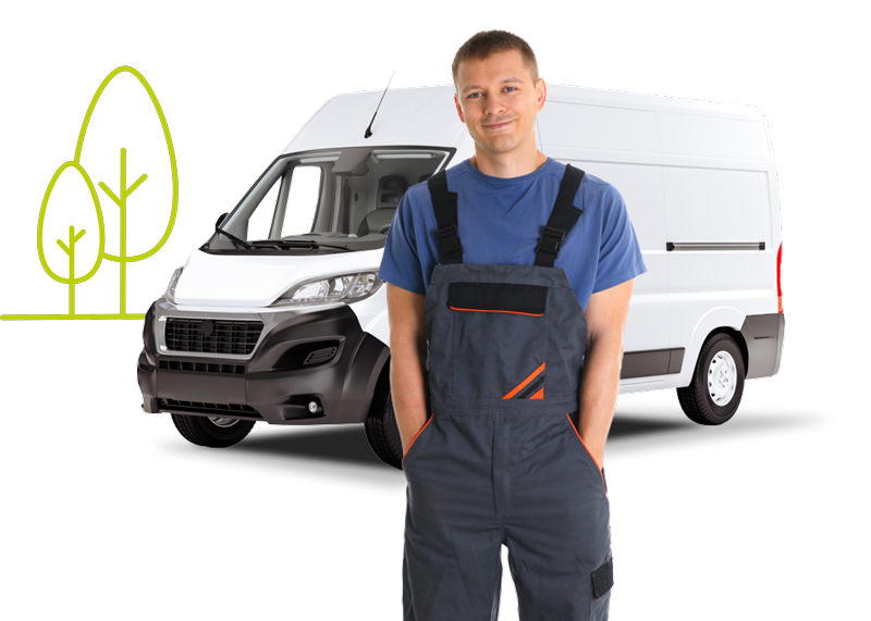 Man in overalls standing in front of white van