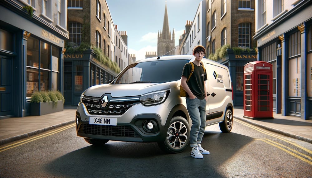 Young person standing by a Renault kangoo